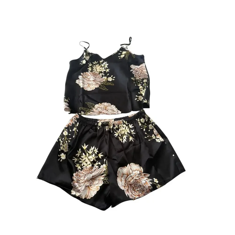 Boutique Black Cream Floral Satin Two Piece Shorts Set V neck set Top M 6 NWT